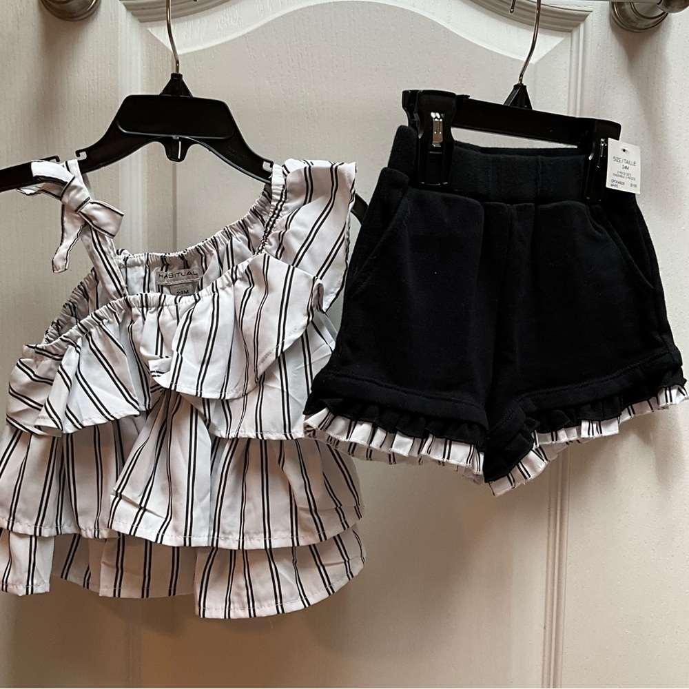 Habitual Kids Black and White Striped Top with Matching Black Shorts